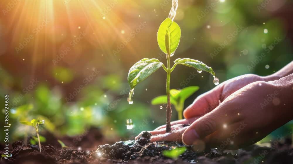 a hand holding water and watering young tree to growing up in park in sunset a hand holding water and watering young tree to growing up in park in sunset