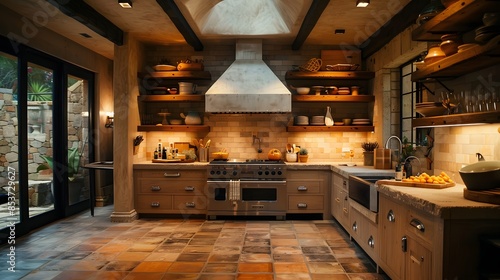 Rustic kitchen interior with stone walls, wooden shelves, and modern appliances for a cozy home atmosphere.  photo