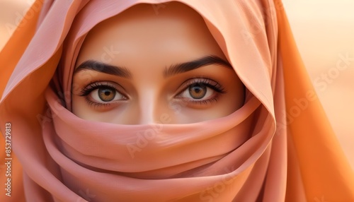 Arabic afghan arabian woman in a traditional pink veil burka niqab burqa close up portrait photo