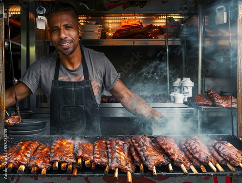 Succulent, tender, and delicious traditional southern bbq ribs being served at a vibrant food truck in a bustling urban setting, showcasing the rich flavors and culinary delights of southern cuisine.