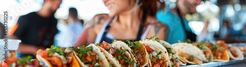 A group of food enthusiasts on a gourmet taco sampling tour at a trendy food truck in austin, texas. They are savoring and discussing the unique flavors and ingredients of the delicious tacos.