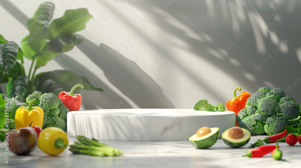 3D illustration of a polished white stone podium, immaculate surface, surrounded by fresh vegetables 3D illustration of a polished white stone podium, immaculate surface, surrounded by fresh vegetables