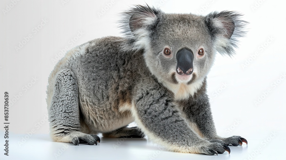 Naklejka premium Detailed image of a koala with grey fur, sharp claws, and a curious gaze on a light background