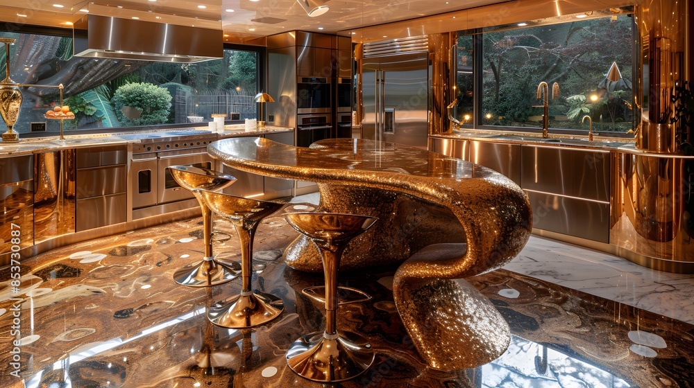 Luxurious modern kitchen interior with reflective surfaces and ...
