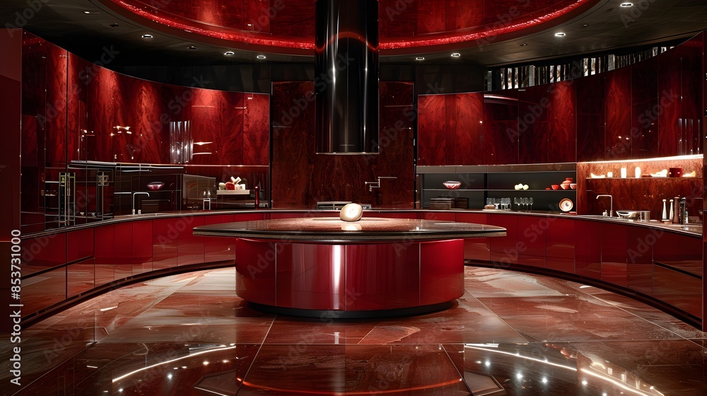 Luxurious modern kitchen with red glossy cabinets and state-of-the-art appliances reflects opulence and sophisticated interior design. Luxurious modern kitchen with red glossy cabinets and state-of-the-art appliances reflects opulence and sophisticated interior design.