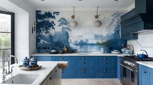 Elegant kitchen interior with blue cabinets and a beautiful Asian-inspired landscape mural on the wall. 