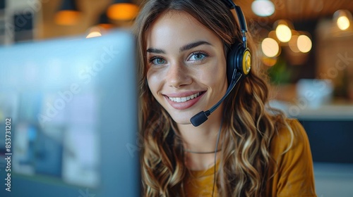 Radiant tech support woman with headset working at her computer, representing positive customer care photo