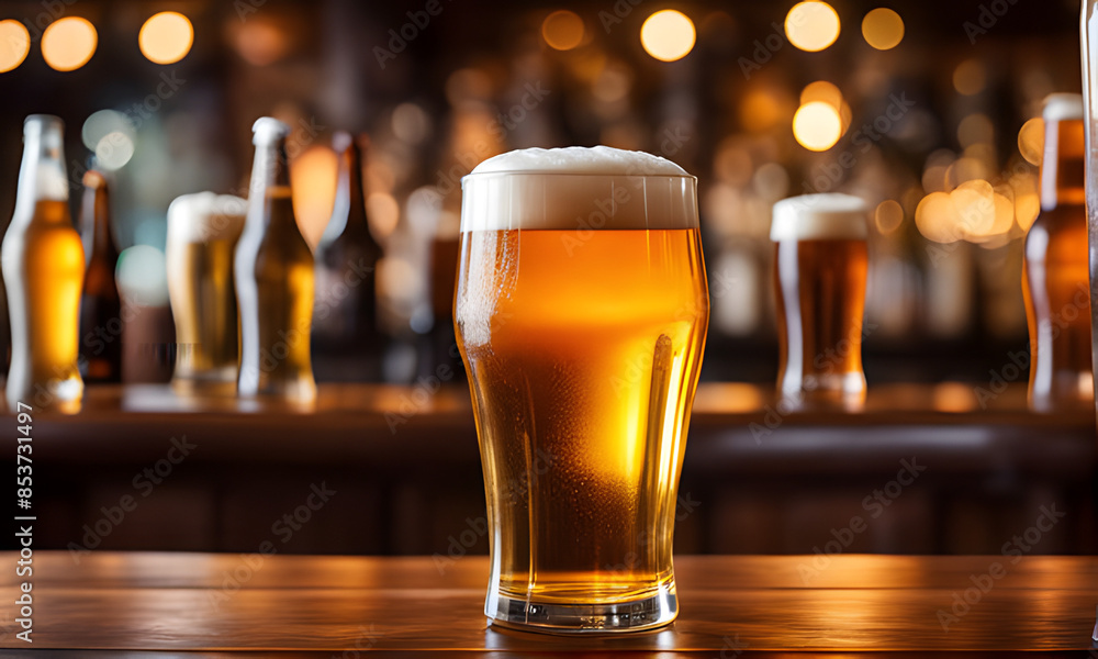 a line of beer at the bar, bokeh a line of beer at the bar, bokeh