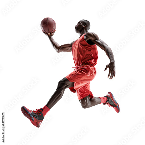 Basketball player in mid-air holding a ball.