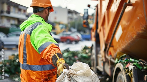 Garbage collector in orange PPE is handling a trash bag with a refuse vehicle in the background photo