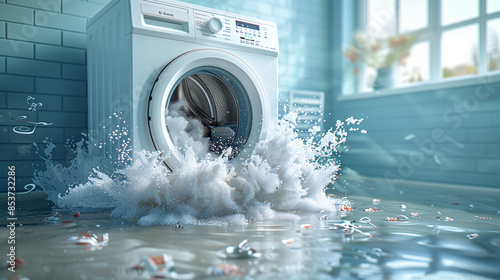 A white washing machine overflows, creating a large wave of water and suds in a bathroom photo