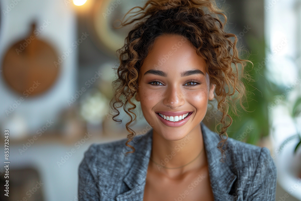 A woman with curly brown hair smiles brightly at the camera. She wears a grey blazer and has a soft, warm light illuminating her face A woman with curly brown hair smiles brightly at the camera. She wears a grey blazer and has a soft, warm light illuminating her face