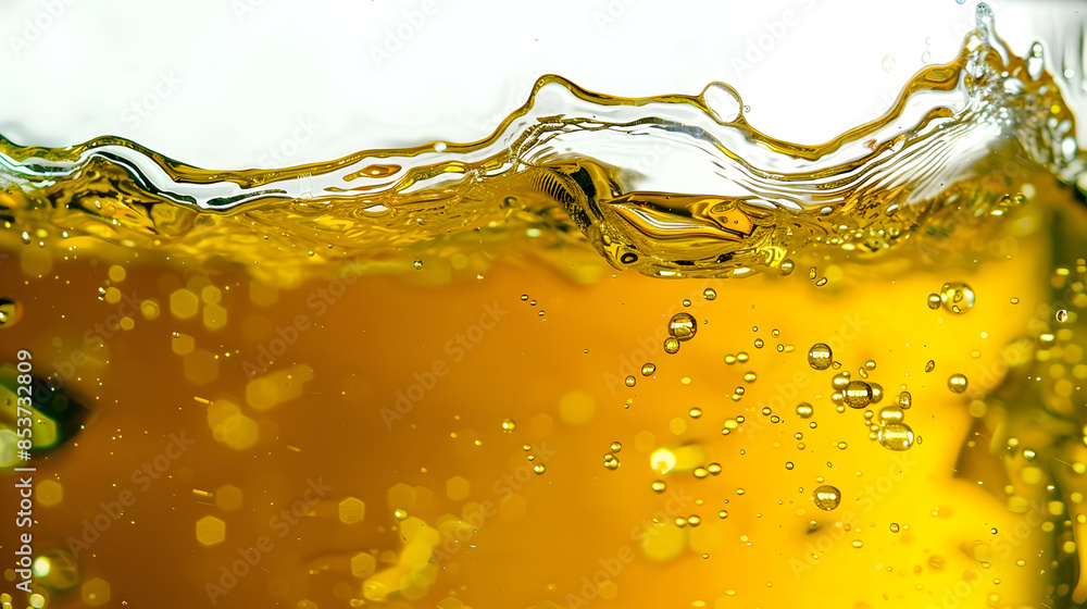 Closeup process of splashing of green tea. Macro shot of liquid in transparent glass. Abstract background with splashes, sprays, waves, bubbles of lager beer, whiskey, cognac, rum Closeup process of splashing of green tea. Macro shot of liquid in transparent glass. Abstract background with splashes, sprays, waves, bubbles of lager beer, whiskey, cognac, rum