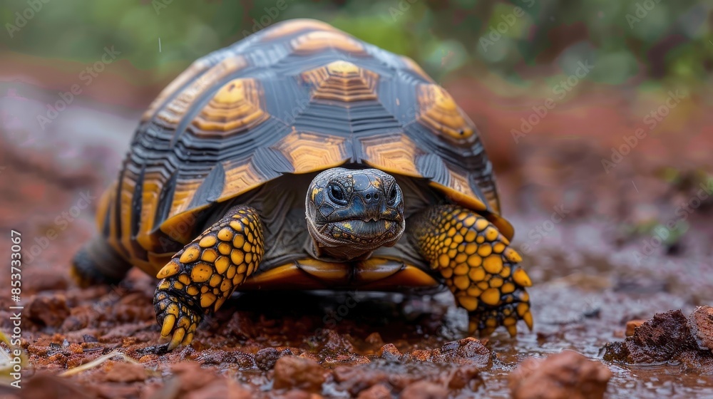 Obraz premium A vivid portrait of a tortoise displaying its unique patterned shell amidst contrasting red soil