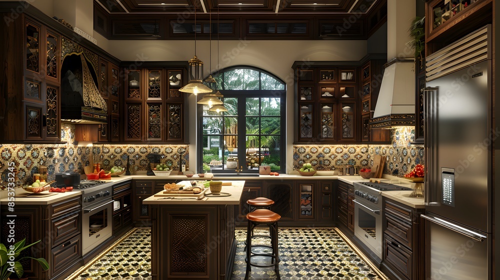 Luxurious and spacious kitchen interior with ornate wood cabinets, patterned tiles, and modern appliances bathed in warm natural light from large windows, exuding elegance and comfort. Luxurious and spacious kitchen interior with ornate wood cabinets, patterned tiles, and modern appliances bathed in warm natural light from large windows, exuding elegance and comfort.