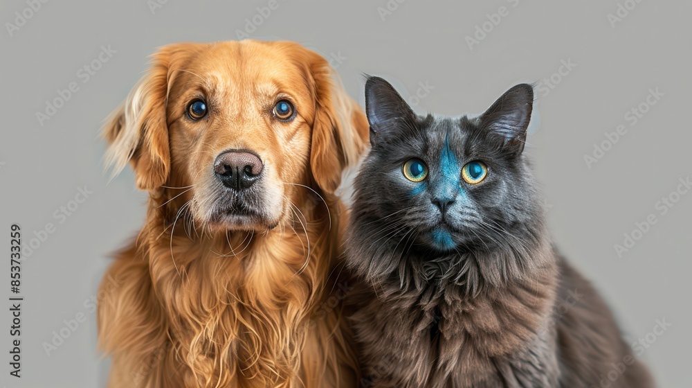 Fototapeta premium A golden retriever dog with blurred face next to a fluffy Maine Coon cat looking at the camera