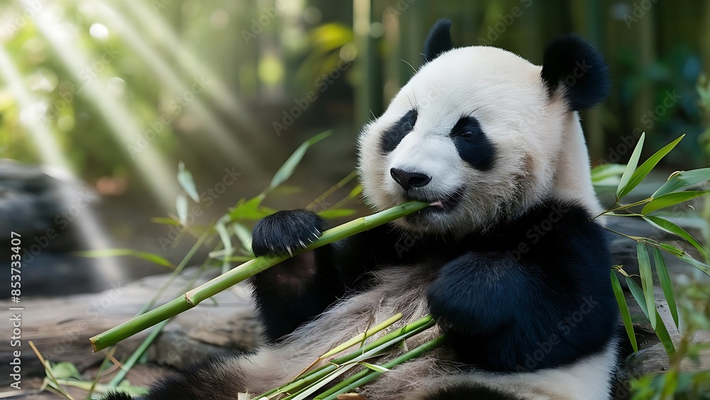 Obraz premium A panda chewing on bamboo (High Quality Wallpaper Wild PhotoGraphy)