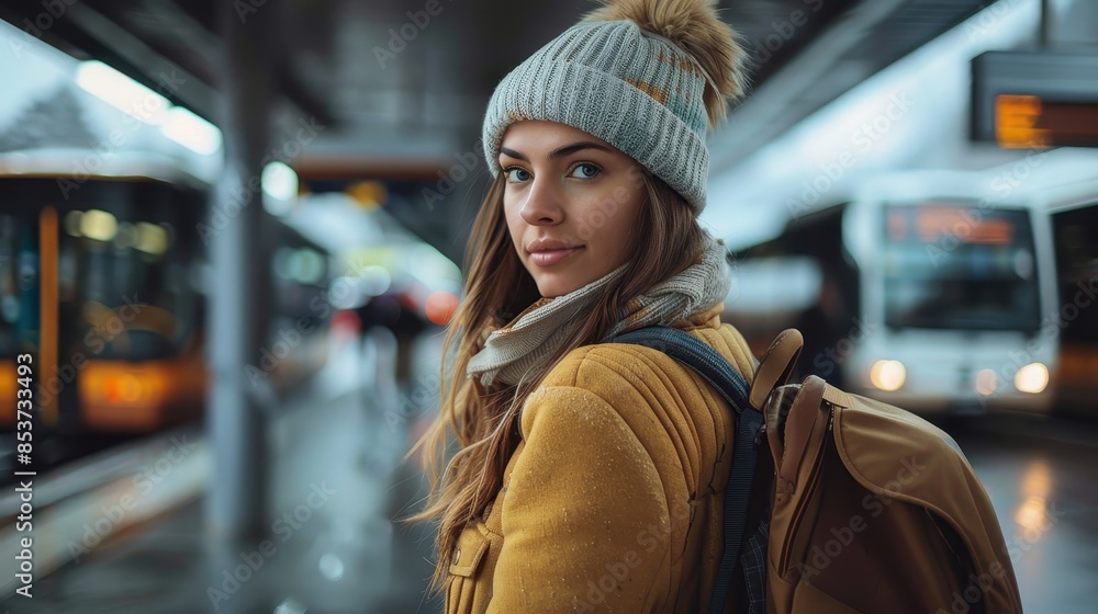 Fototapeta premium Photo captures an attractive young woman turning to look back while waiting at a bus station