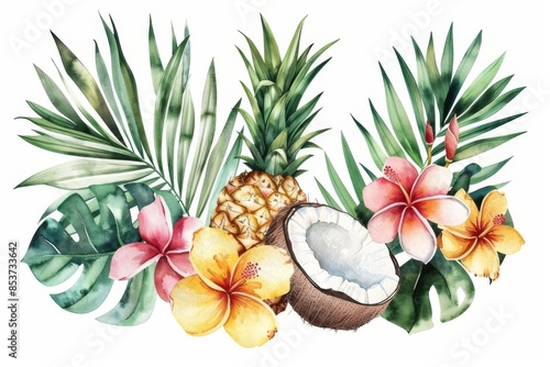 watercolor illustration of exotic fruits and flowers on a white background, for printing on labels or flyers photo