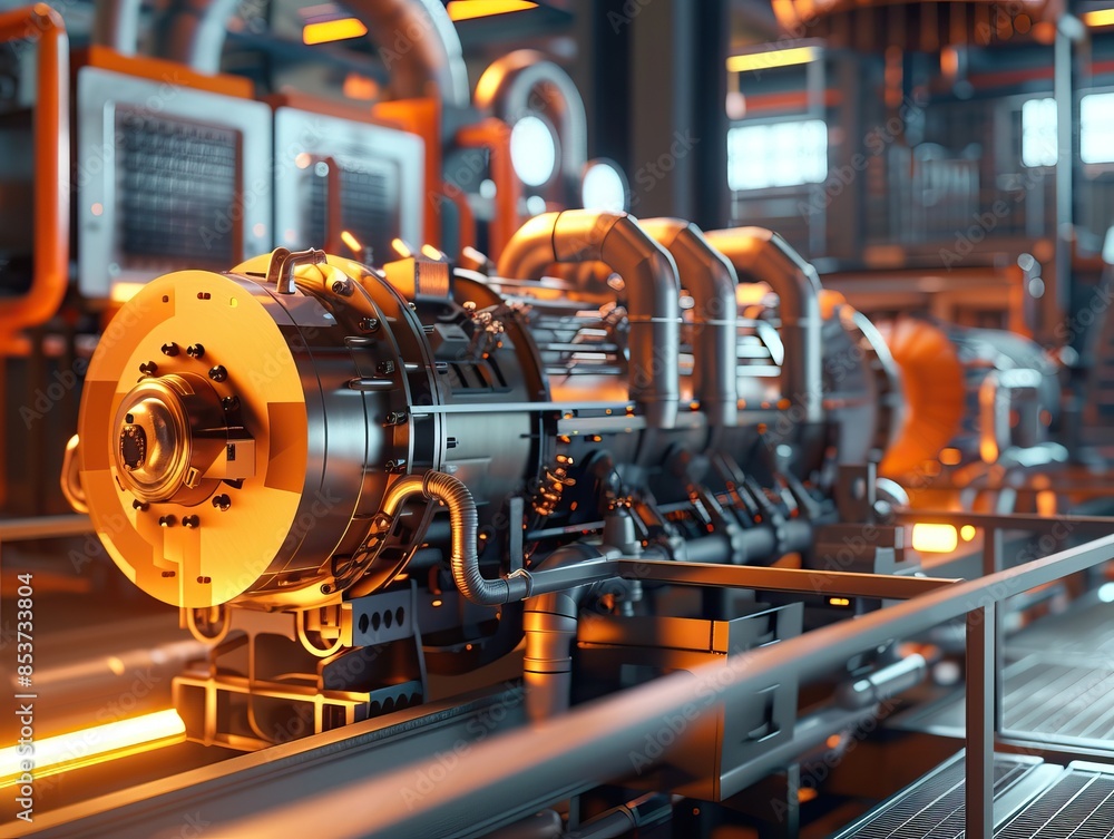 Fototapeta premium Close-up photo of a high-tech generator in operation at a modern power station, with detailed view of industrial machinery, technology, and power production process