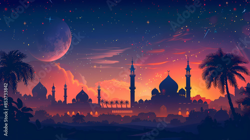 Silhouette of a vibrant city skyline with minarets and domes under a starry, colorful twilight sky. Eid mubarak