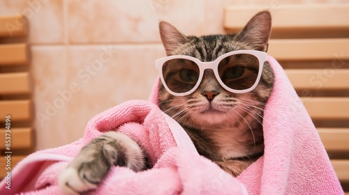 Advertising banner wallpaper for SPA center, featuring a cute cat in white sunglasses and wrapped in a pink towel. photo
