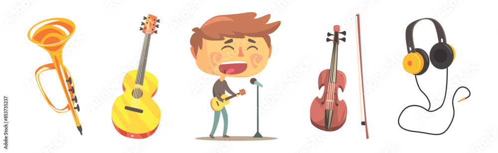 Boy Singer and Musician with Profession Instrument Vector Set Boy Singer and Musician with Profession Instrument Vector Set