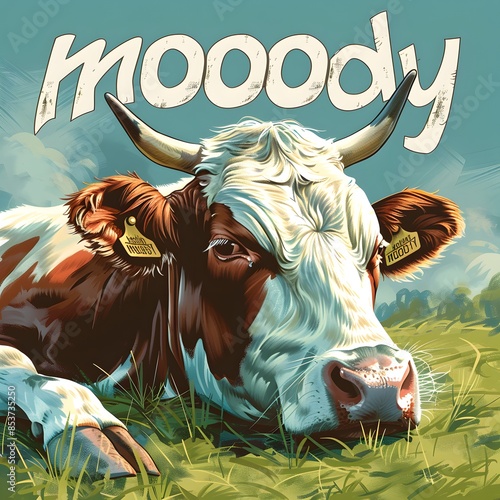 A sullen depressed cow without mood lies on the grass and lettering is 