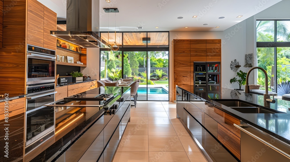 Modern kitchen interior with sleek wooden finishes overlooking a pool area, perfect for a luxurious home concept. Modern kitchen interior with sleek wooden finishes overlooking a pool area, perfect for a luxurious home concept.