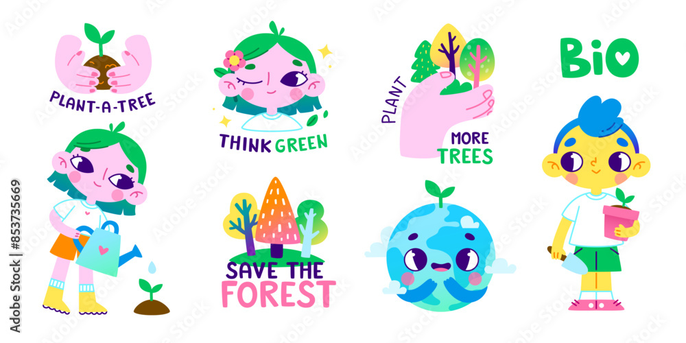 Obraz premium Cartoon environmental set for kids. Vector ecology collection with cute characters about planting trees.