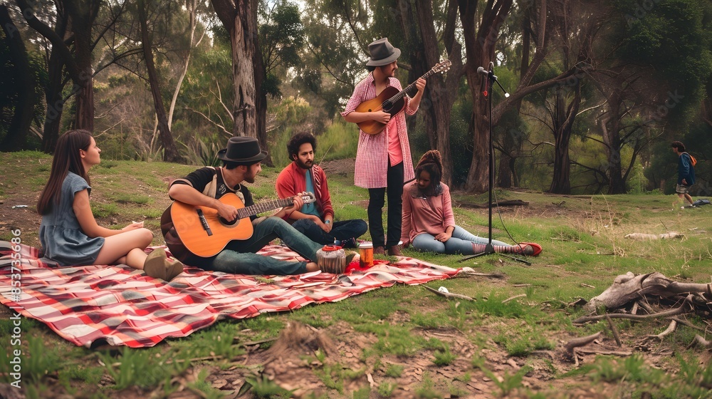 A group of friends enjoying live music and a picnic in a serene forest setting under tall trees. A group of friends enjoying live music and a picnic in a serene forest setting under tall trees.
