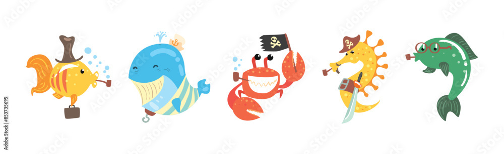 Obraz premium Pirate Sea Animals in Corsair Hats Swim in Ocean Vector Set