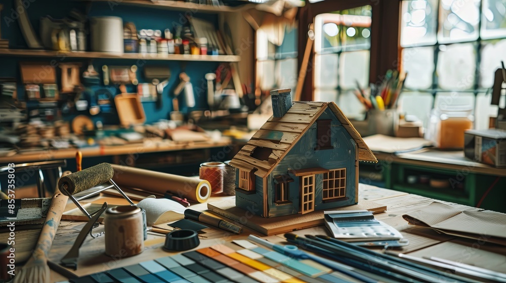 A wooden model house sits on a desk surrounded by paint brushes, rollers, tape, and paint swatches, showcasing a home painters toolkit. Generative AI A wooden model house sits on a desk surrounded by paint brushes, rollers, tape, and paint swatches, showcasing a home painters toolkit. Generative AI