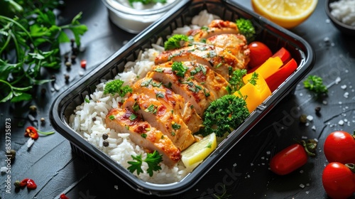 Plastic lunch box with chicken fillet, rice and vegetables on a dark background.