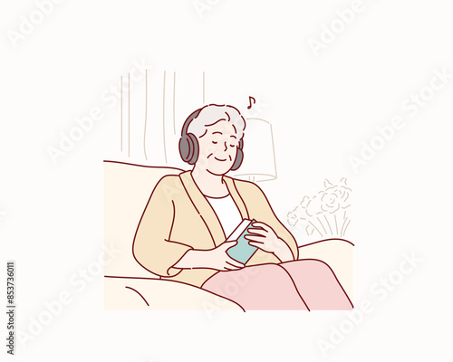 Senior old woman listening to her favourite music through big headphones. Hand drawn style vector design illustrations.