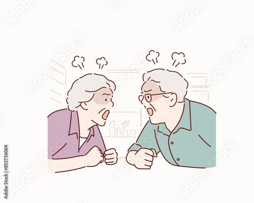 Old couples fight each other. Hand drawn style vector design illustrations.