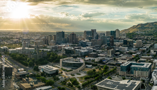 Salt Lake City aerial view at Sunset with Great Salt Lake in background