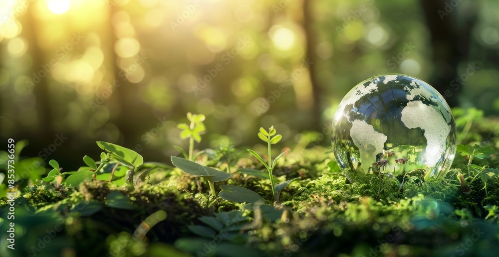 Forest ecosystem. ESG eco concept. Glass globe in forest. Nature spring background. Conservation and ecology environment Forest ecosystem. ESG eco concept. Glass globe in forest. Nature spring background. Conservation and ecology environment