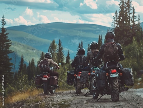 Group of motorcyclists socializing and creating a friendly atmosphere during a trip. They are sitting in a circle, laughing and enjoying each other's company.