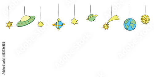 Background, garland, decoration on the upper edge of hanging stars, planets, space objects, Flying Saucers. Seamless pattern on theme of UFO, cosmos, astronomy, kids design