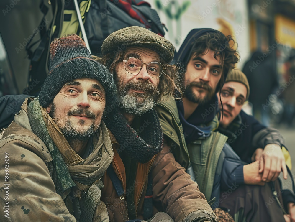 Fototapeta premium A compelling and emotional group portrait of homeless individuals gathered together on the street. The image captures the struggles and resilience of people facing homelessness in urban areas.