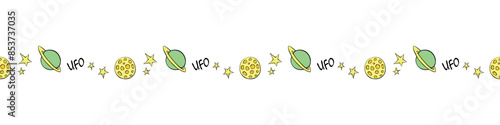 Edging, ribbon, border of planets, stars, moons, comets in doodle flat style. Decorative element, divider, decoration on theme of space, UFO, kids design