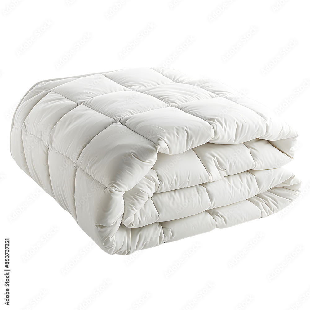 Cozy folded white comforter, quilt or duvet, isolated on transparency background, PNG cut out, perfect for cozy and warm bedding stock photo. Cozy folded white comforter, quilt or duvet, isolated on transparency background, PNG cut out, perfect for cozy and warm bedding stock photo.