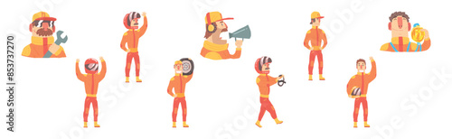 Racing Team Members In Orange Uniform with Driver and Pit Stop Technician Vector Set