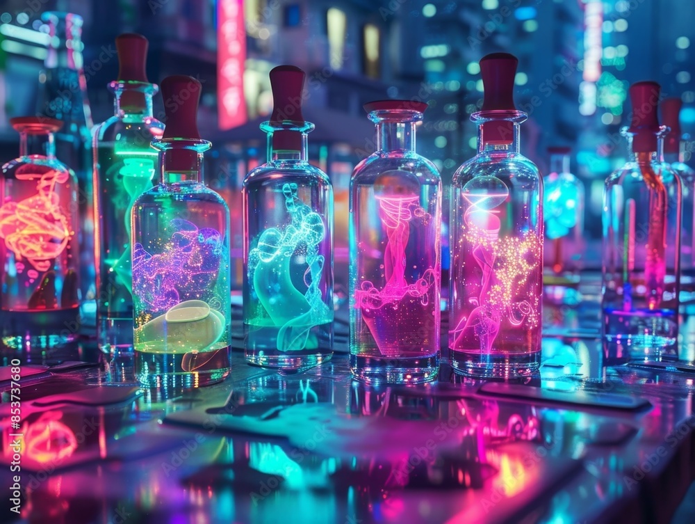 Ominous Glass Vials with Glowing Neon Hued Liquid in Futuristic Setting Ominous Glass Vials with Glowing Neon Hued Liquid in Futuristic Setting