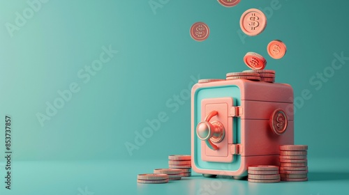 Colorful piggy bank safe with coins. Save money, financial security, and economic growth concept on a teal background. 3D Illustration. photo