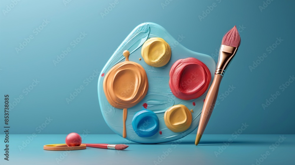 Creative composition of colorful clay art palette and brush on a blue background, showcasing artistic tools and creativity. 3D Illustration. Creative composition of colorful clay art palette and brush on a blue background, showcasing artistic tools and creativity. 3D Illustration.