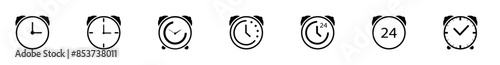 Alarm clock line icons set. Time 24 hours arrow symbol for timer or alarm clock with bells. Vector illustration