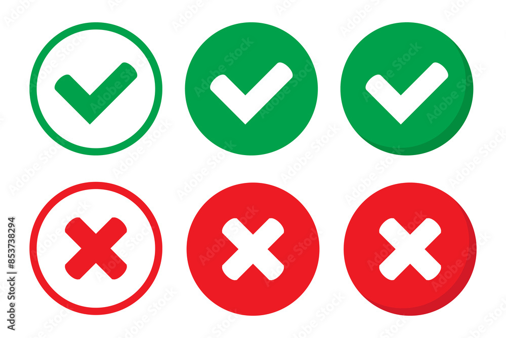 Right or wrong icons. Green tick and red cross checkmarks. Yes or no symbol, approved or rejected icon for user interface. Right or wrong icons. Green tick and red cross checkmarks. Yes or no symbol, approved or rejected icon for user interface.