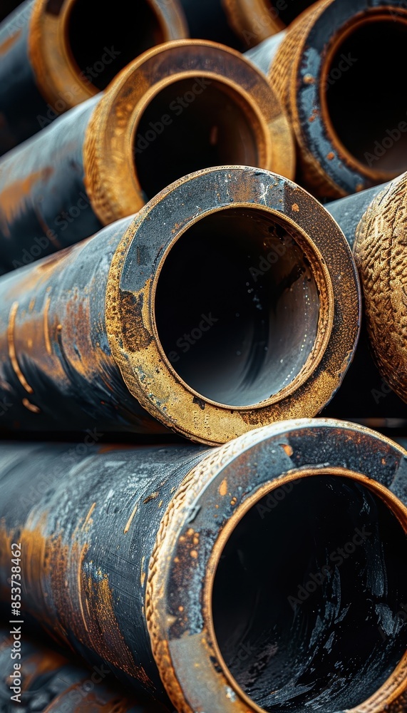 Close-up of stacked metal pipes with a focus on their round openings and industrial texture. Suitable for engineering, manufacturing, or construction-related content. Close-up of stacked metal pipes with a focus on their round openings and industrial texture. Suitable for engineering, manufacturing, or construction-related content.